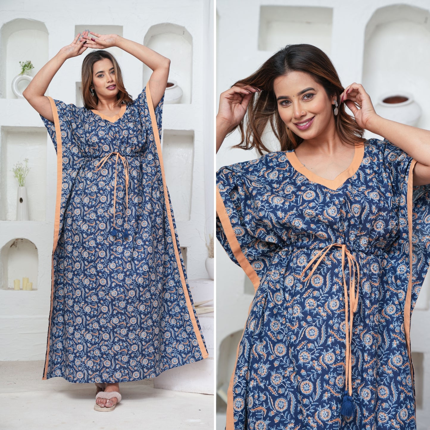 Orange Blue Flower Loungewear Cotton Kaftan