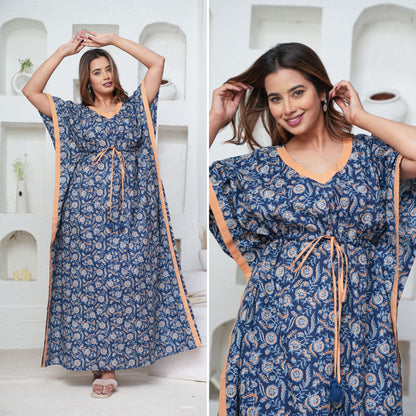 Orange Blue Flower Loungewear Cotton Kaftan