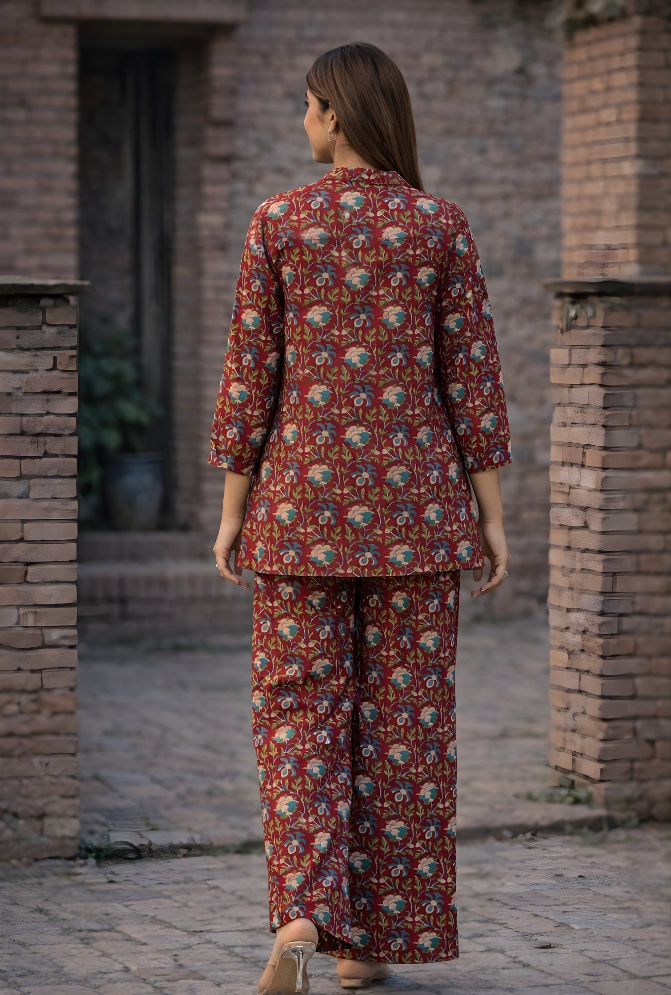Kalamkari Maroon Cotton Loungewear Co-ords Set