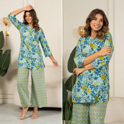 Wildflower Print Sea Green Cotton Loungewear set