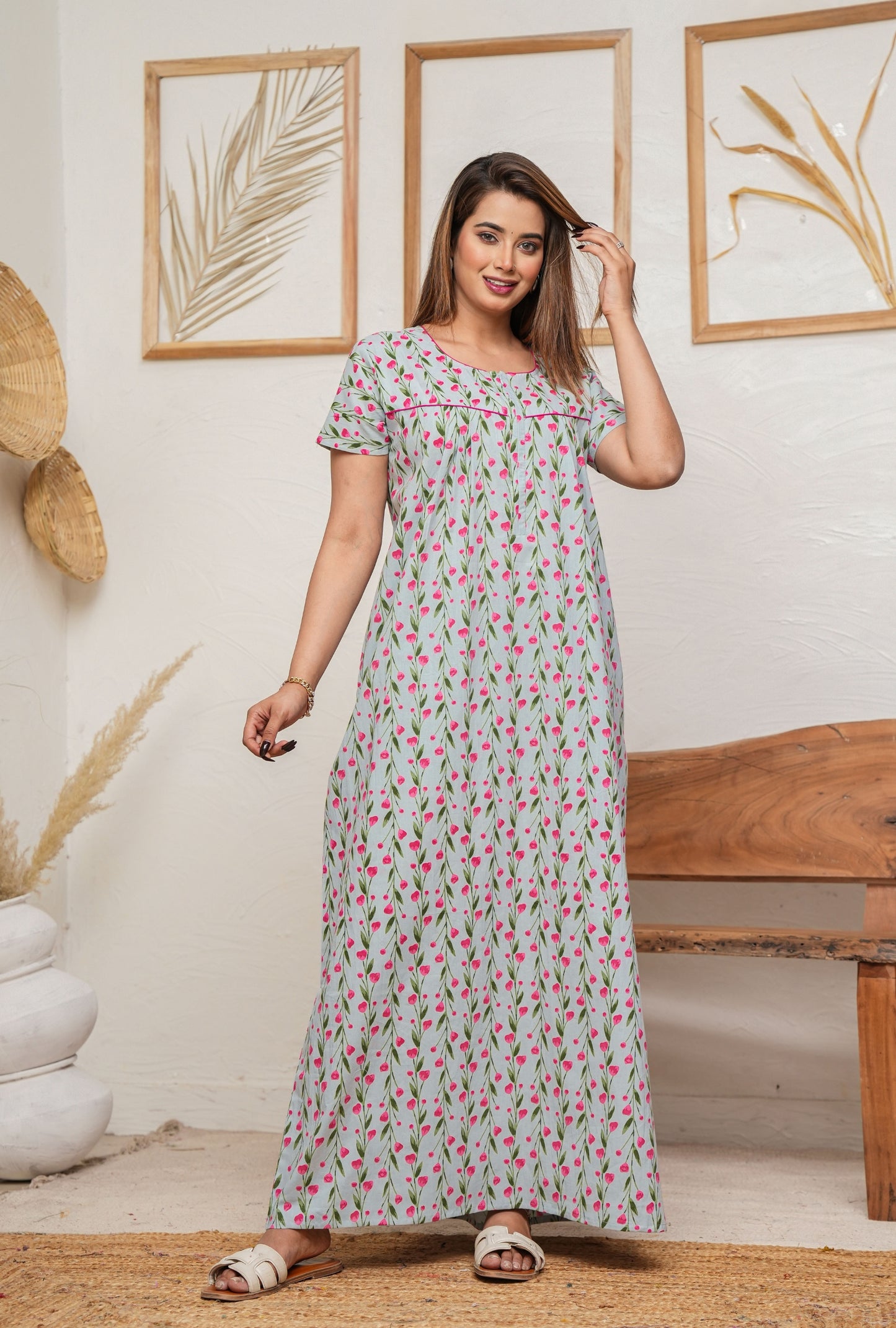 Lily Beil Grey Cotton Printed Nightwear Gowns