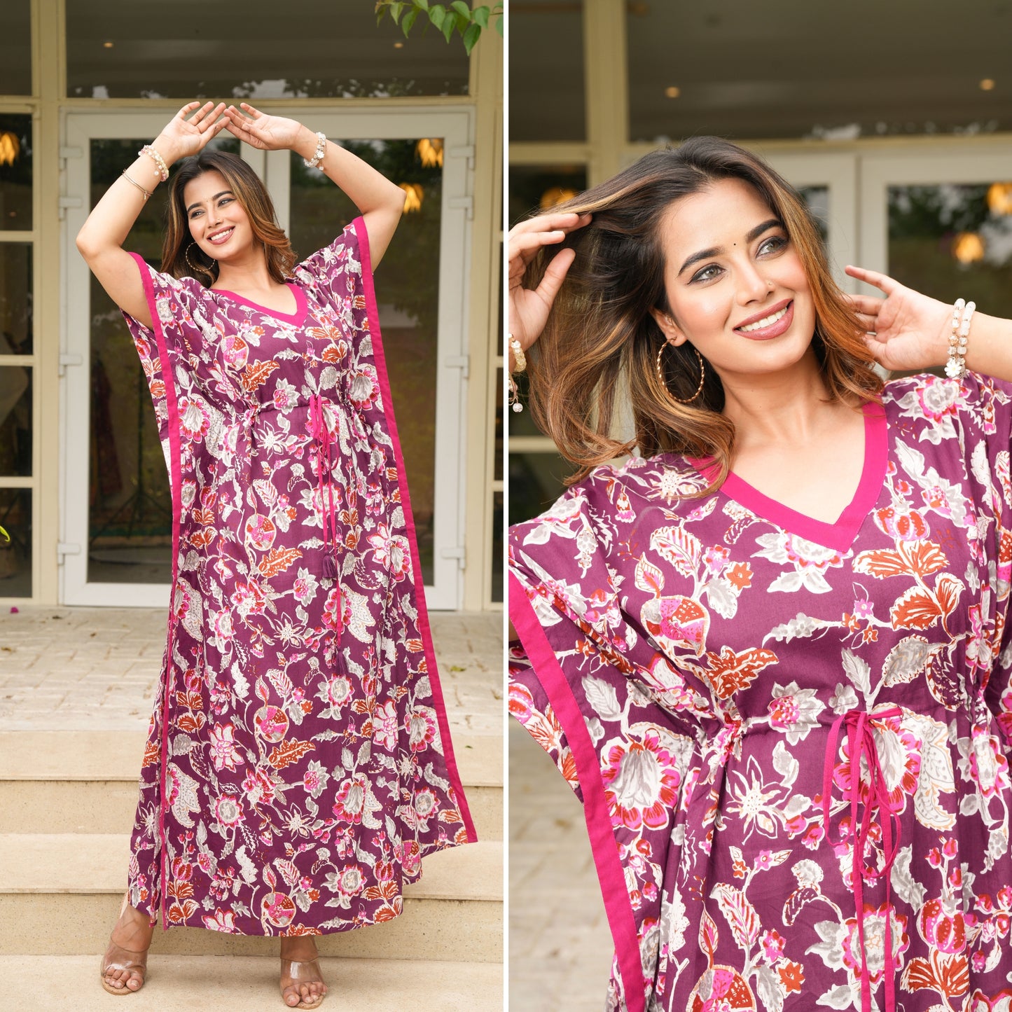 Velvet Petals Maroon Loungewear Cotton Kaftan