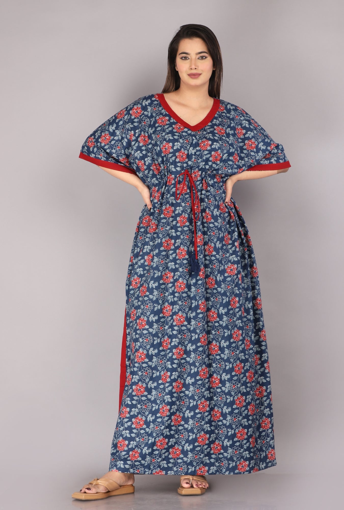 Ice Flower Navy Blue Cotton Loungewear Kaftan