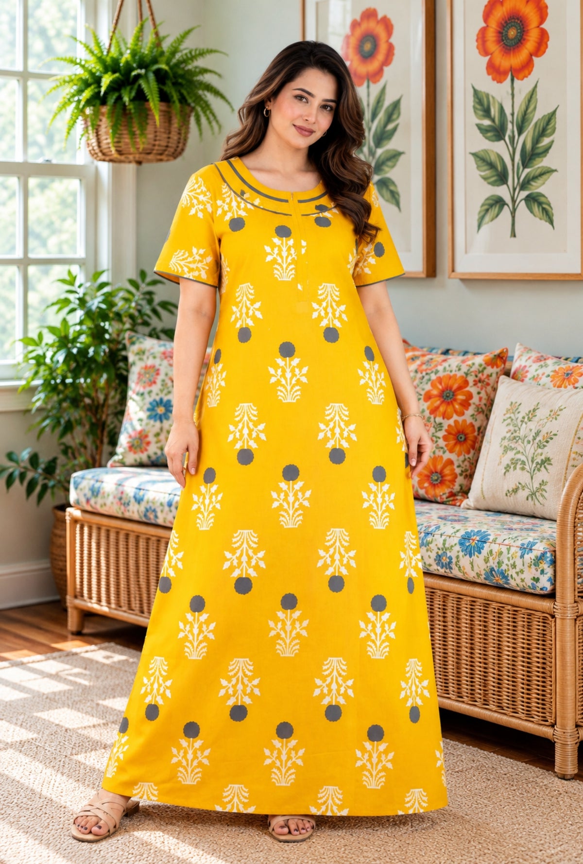 Imperial Bloom Yellow Printed Cotton Night Gown