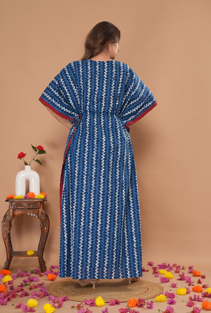 Indigo Lehariya Blue Printed Cotton Loungewear Kaftan