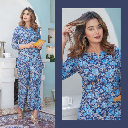 Midnight Bloom Blue Cotton Loungewear Set