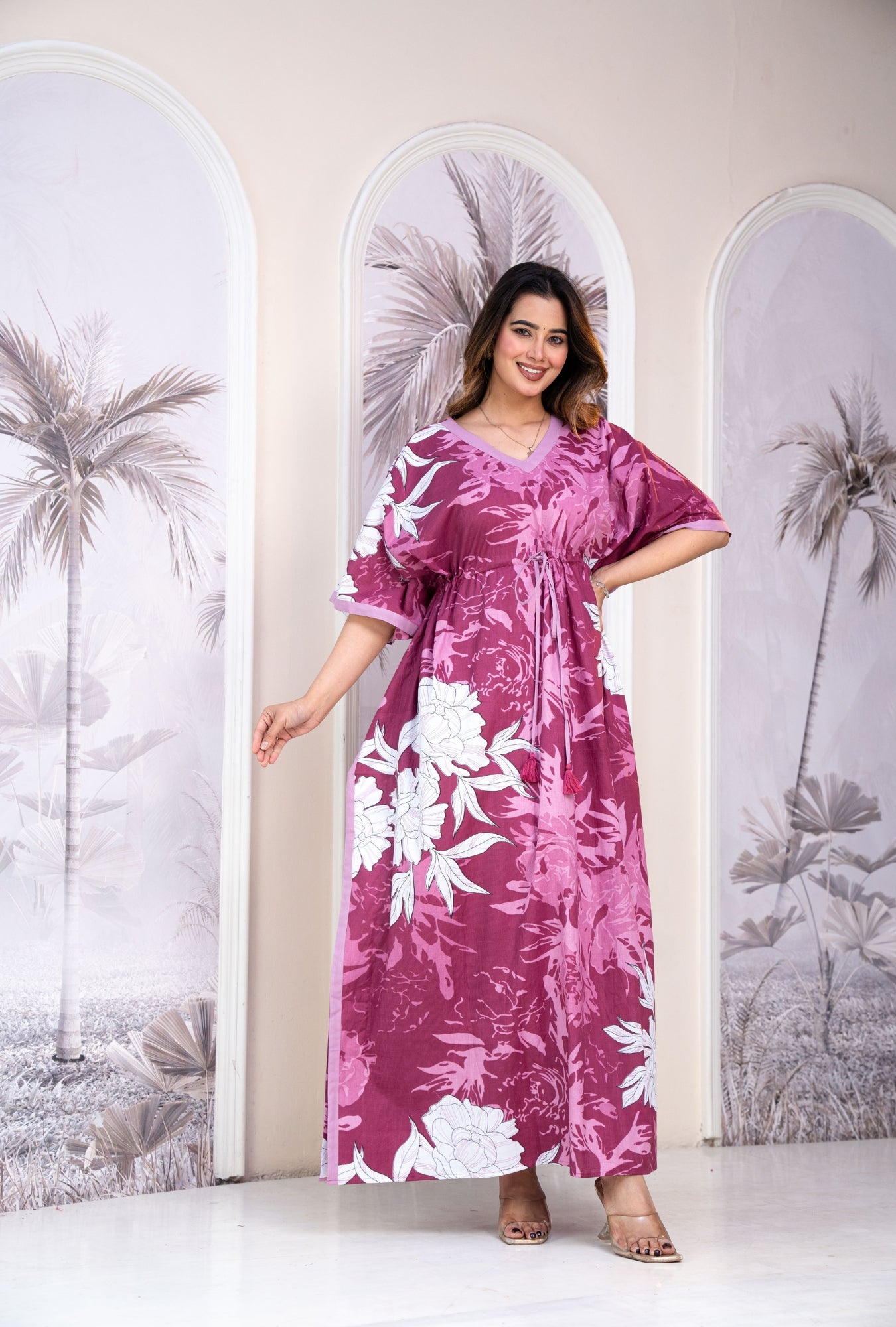 Palm Breeze Pink Loungewear Cotton Kaftan