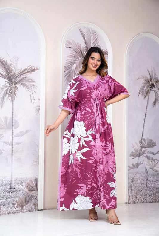 Palm Breeze Pink Loungewear Cotton Kaftan