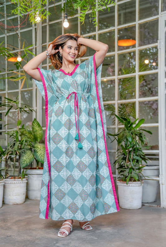 Pastel Bloom Sea Green Cotton Loungewear Kaftan