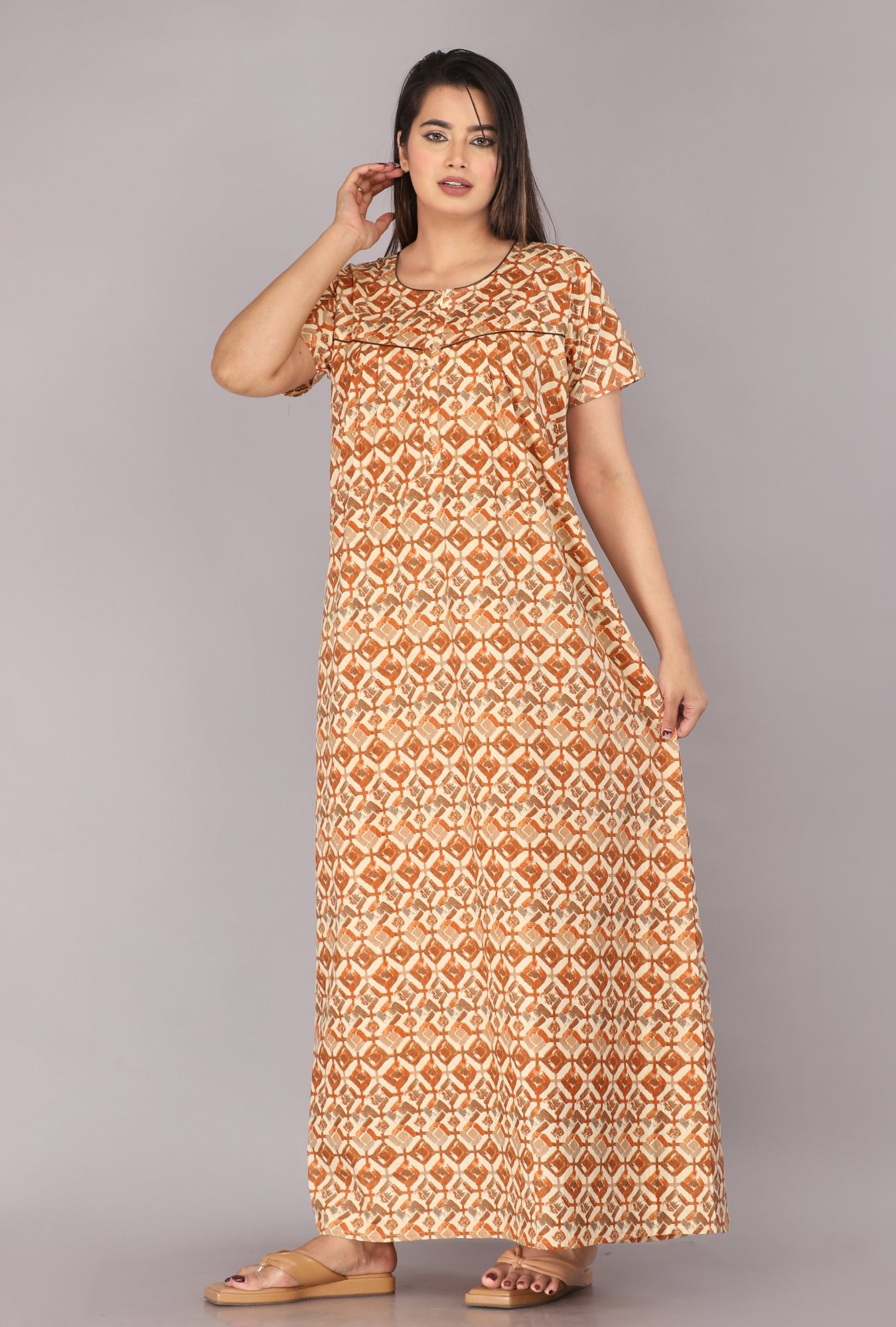 Cross Blocks Rust Cotton Printed Nightwear Gowns