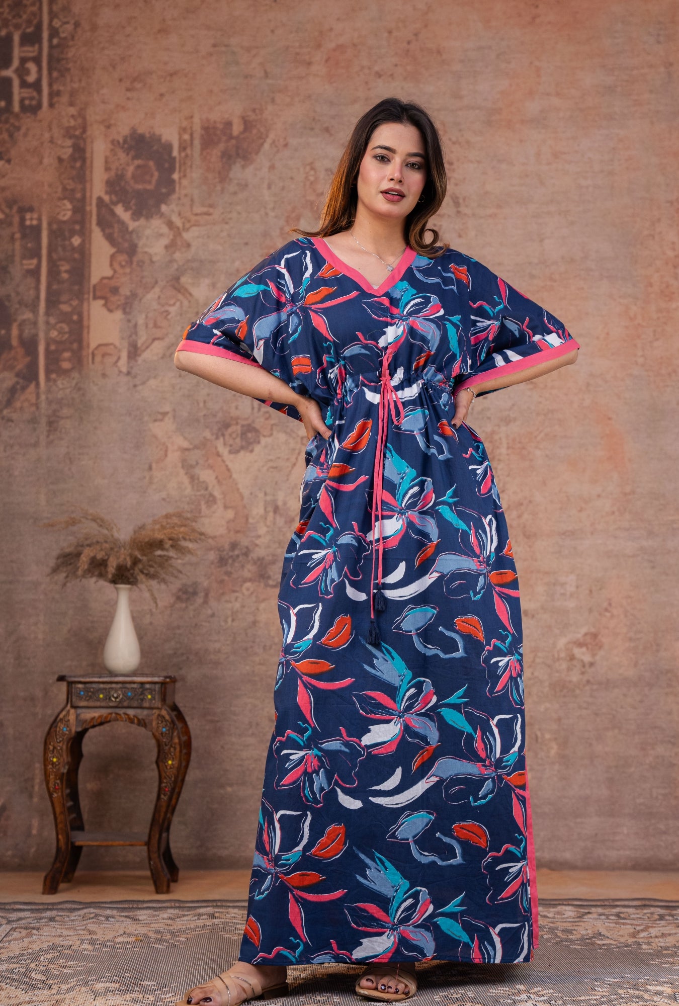 Gulnaar Floral Blue Loungewear Cotton Kaftan