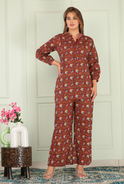 Kalamkari Maroon Cotton Loungewear Co-ords Set