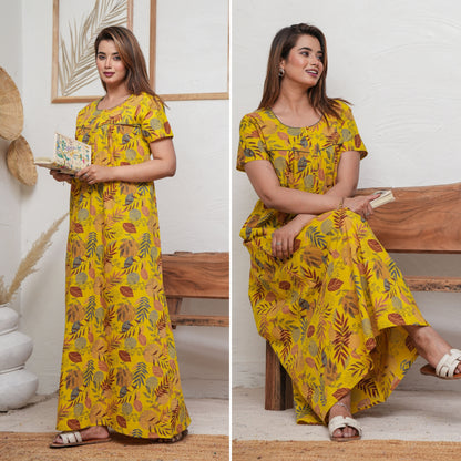 Lining Leaves Yellow Cotton Printed Nightwear Gowns