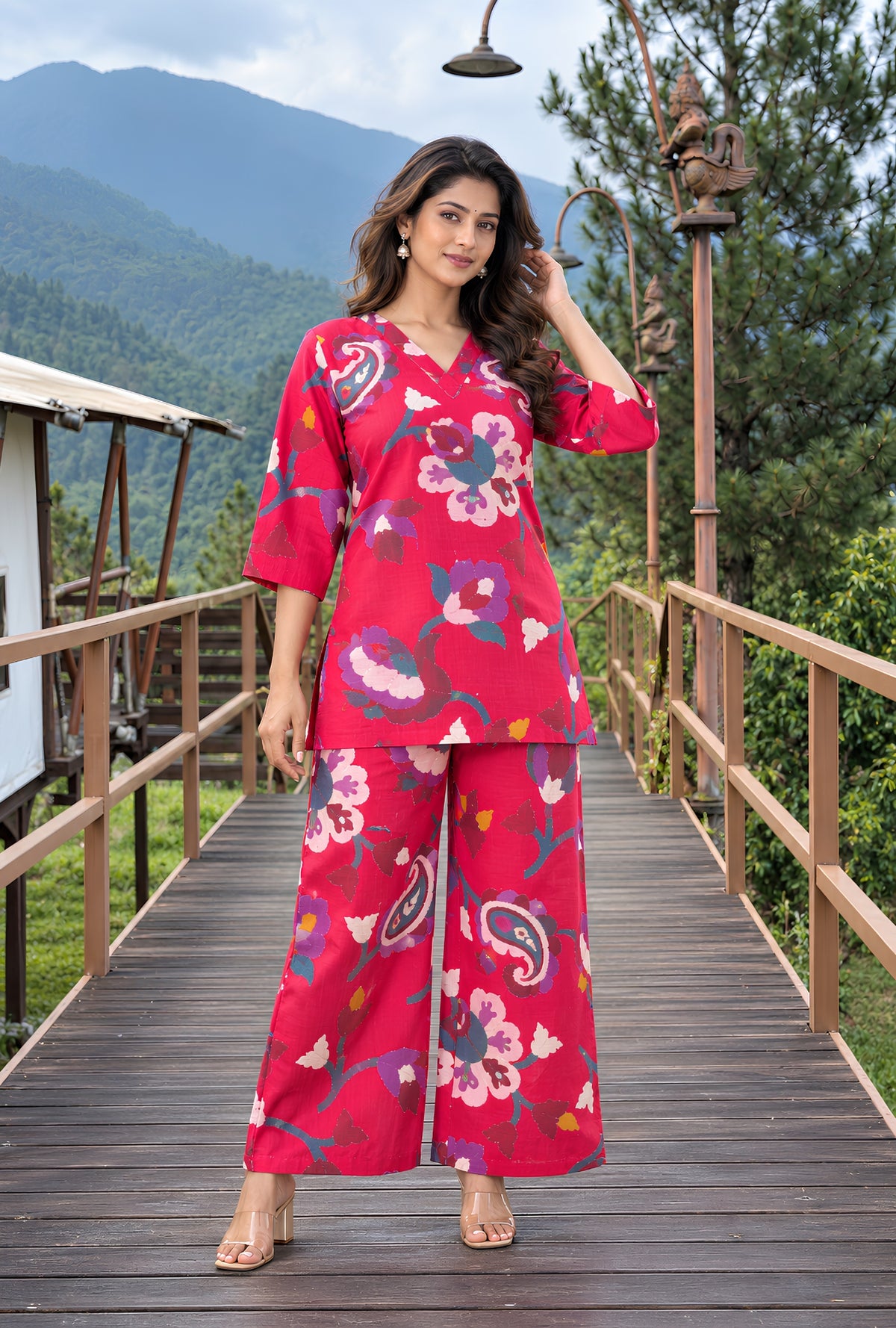 Sapphire Jardin Rani Pink Printed Cotton Co-ords Set