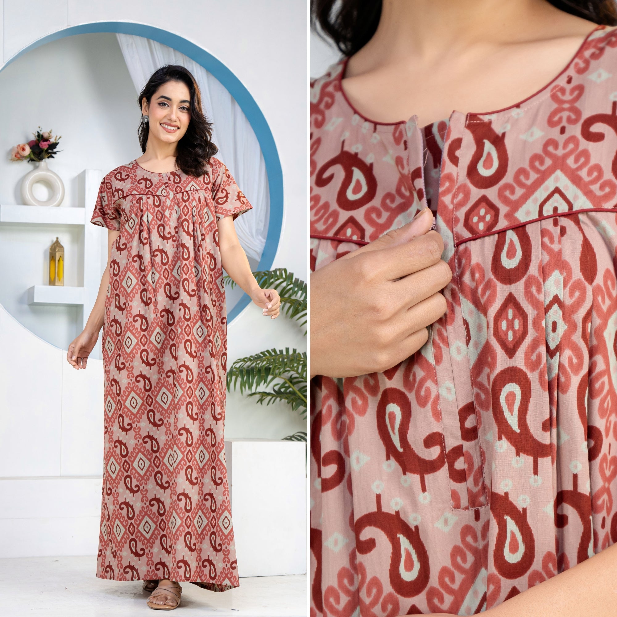 Ikkat Kairy Rust Cotton Printed Nightwear Gowns
