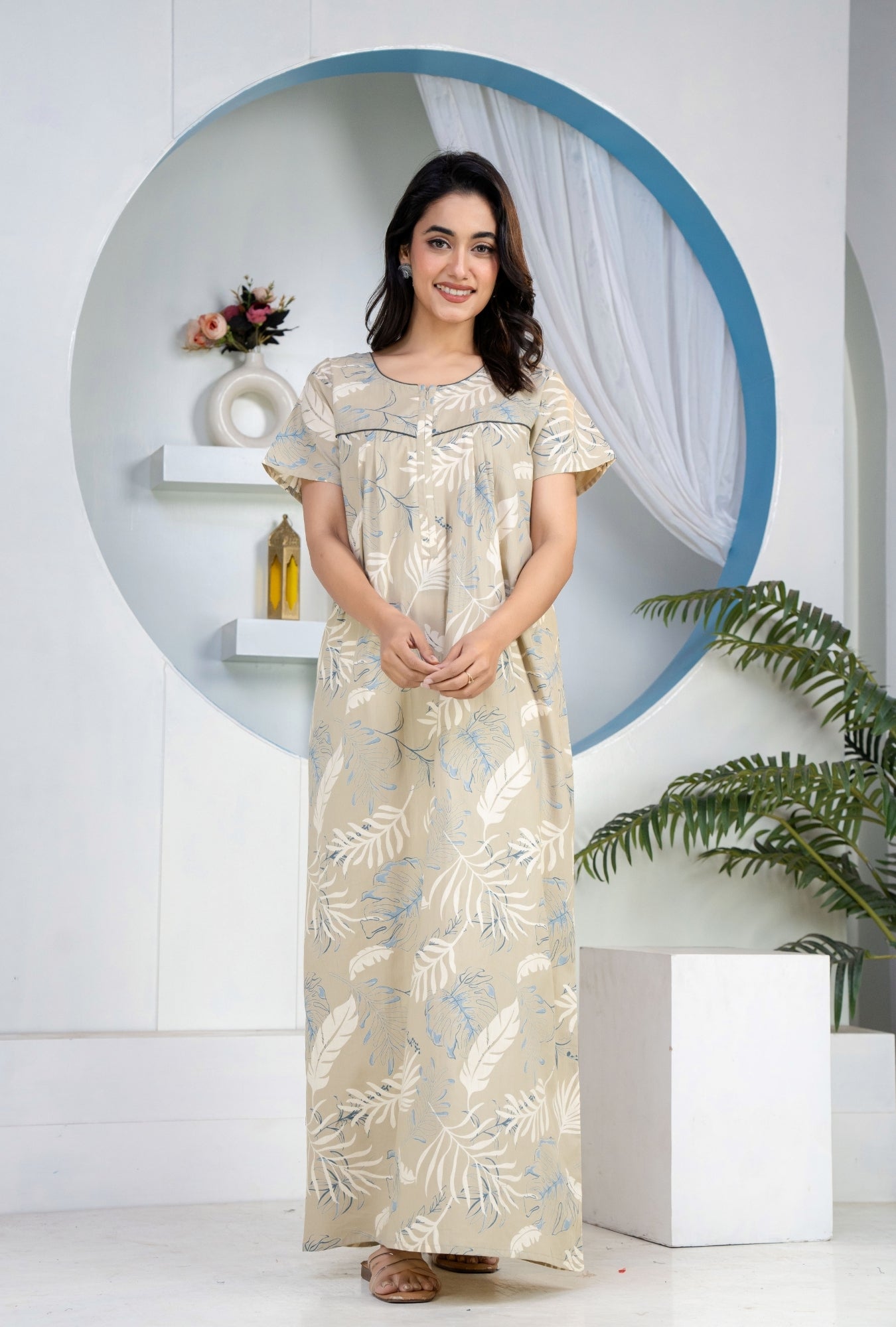 Plum Leaf Grey Cotton Printed Nightwear Gowns