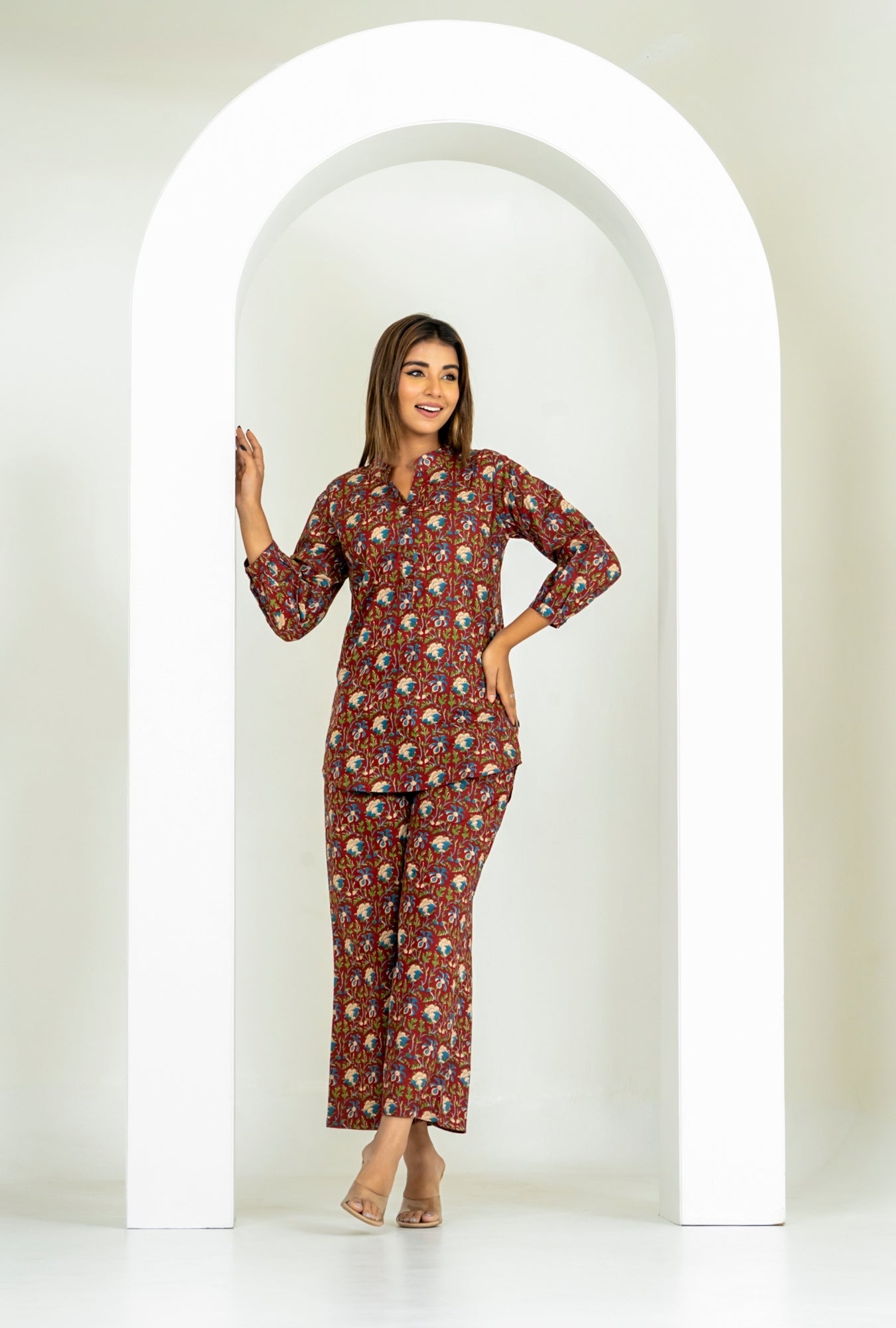 Kalamkari Maroon Cotton Loungewear Co-ords Set