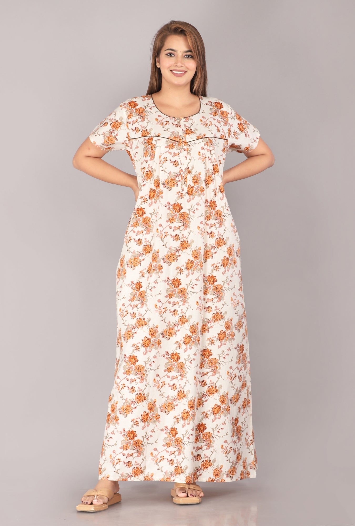 Wasp Flower Cream Cotton Printed Nightwear Gowns