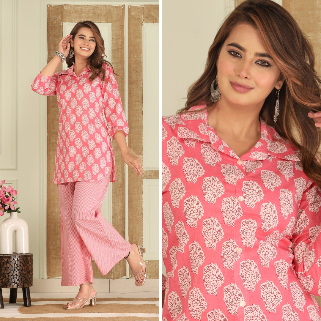 Bell Buta Pink Cotton Loungewear Co-ords Set