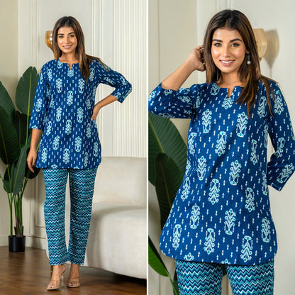 Ikat Infinity Blue Cotton Loungewear set