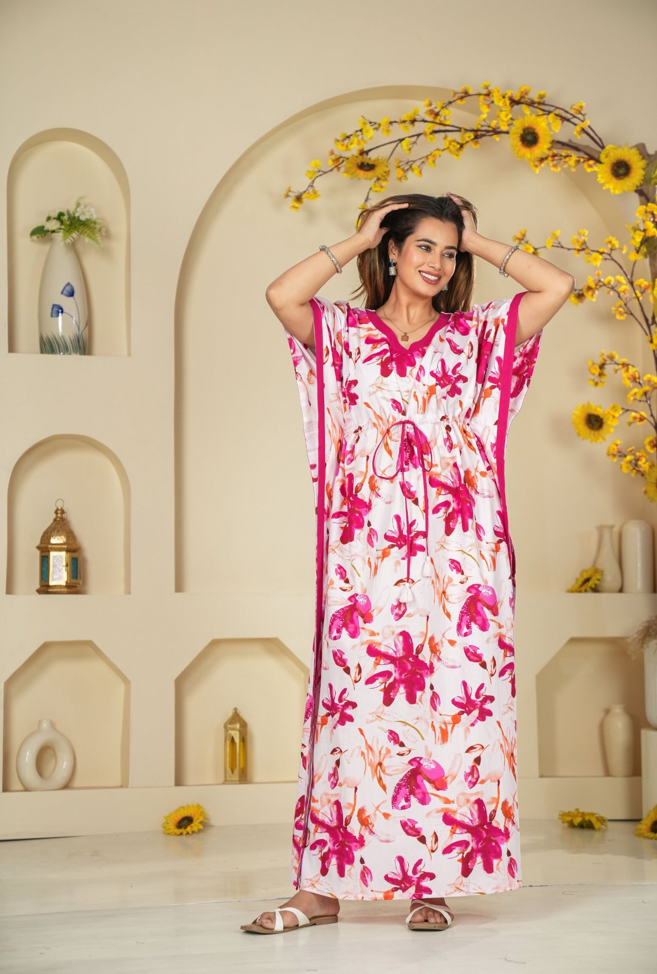 Spray Flower Pink Loungewear Cotton Kaftan