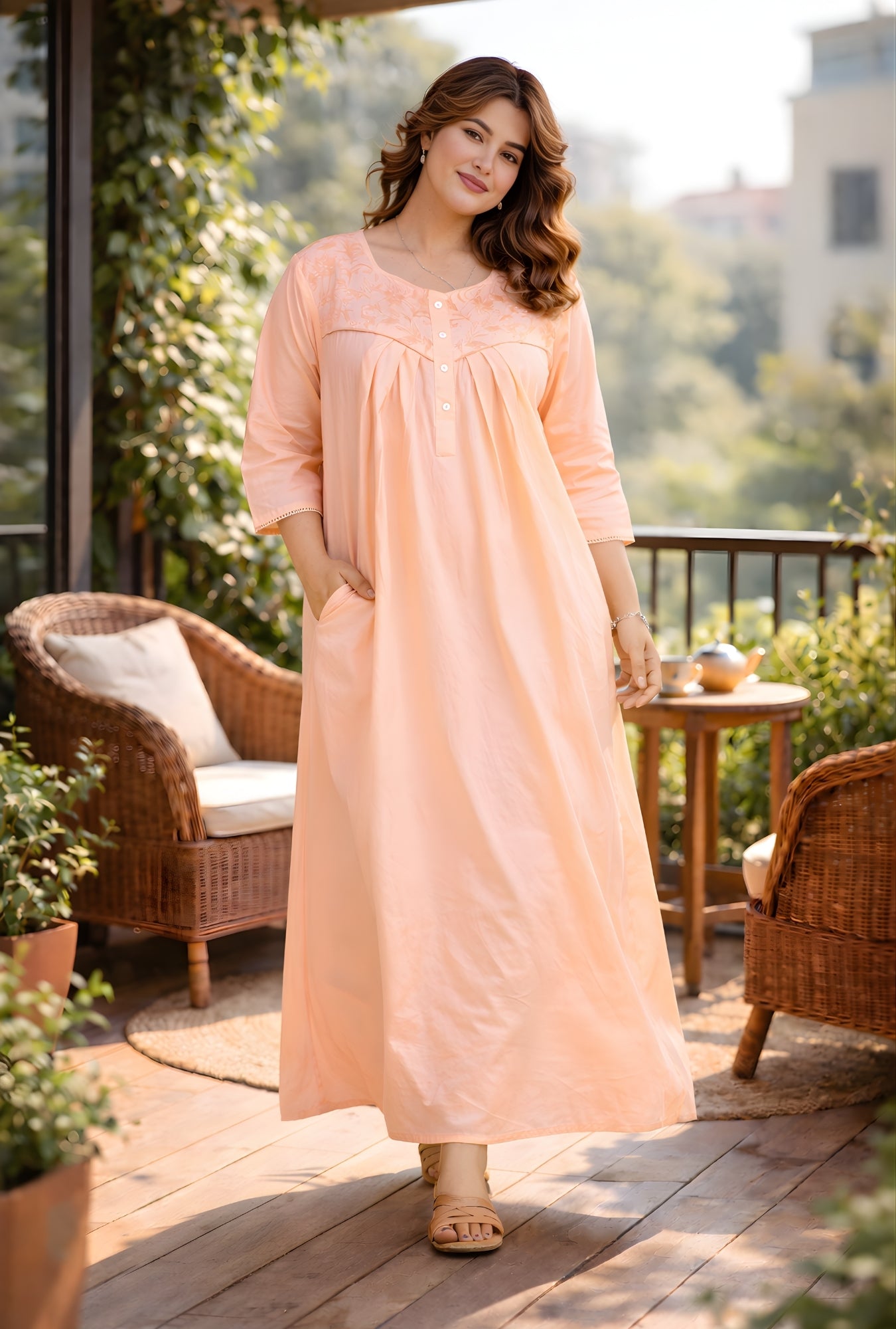 Peach Blossom Floral Yoke Cotton Night Gown