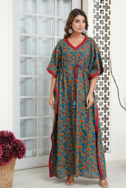 Vivid Blossom Teal Printed Cotton Loungewear Kaftan