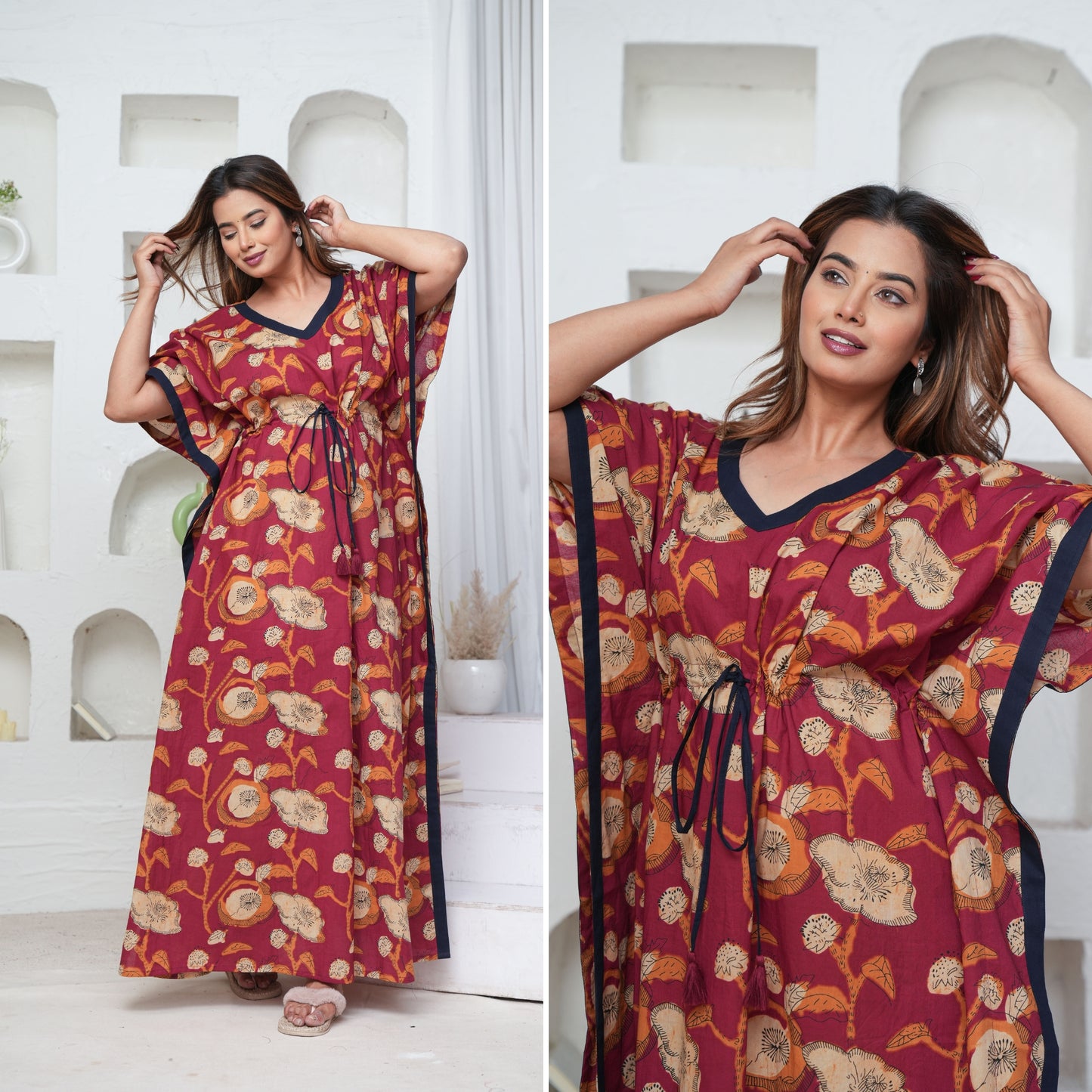 Poppy Flower Maroon Loungewear Kaftan
