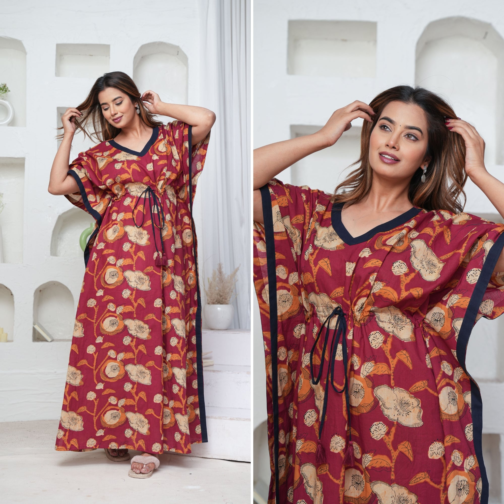 Poppy Flower Maroon Loungewear Kaftan