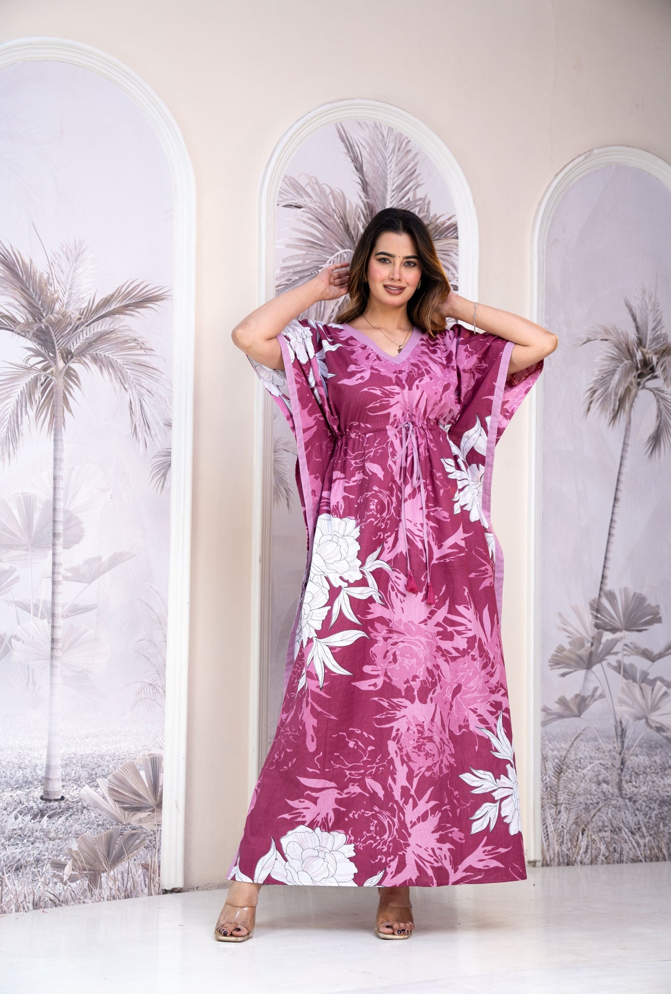 Palm Breeze Pink Loungewear Cotton Kaftan