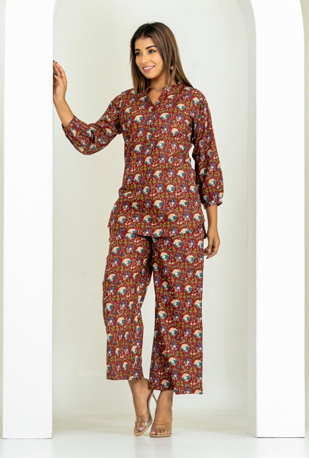 Kalamkari Maroon Cotton Loungewear Co-ords Set