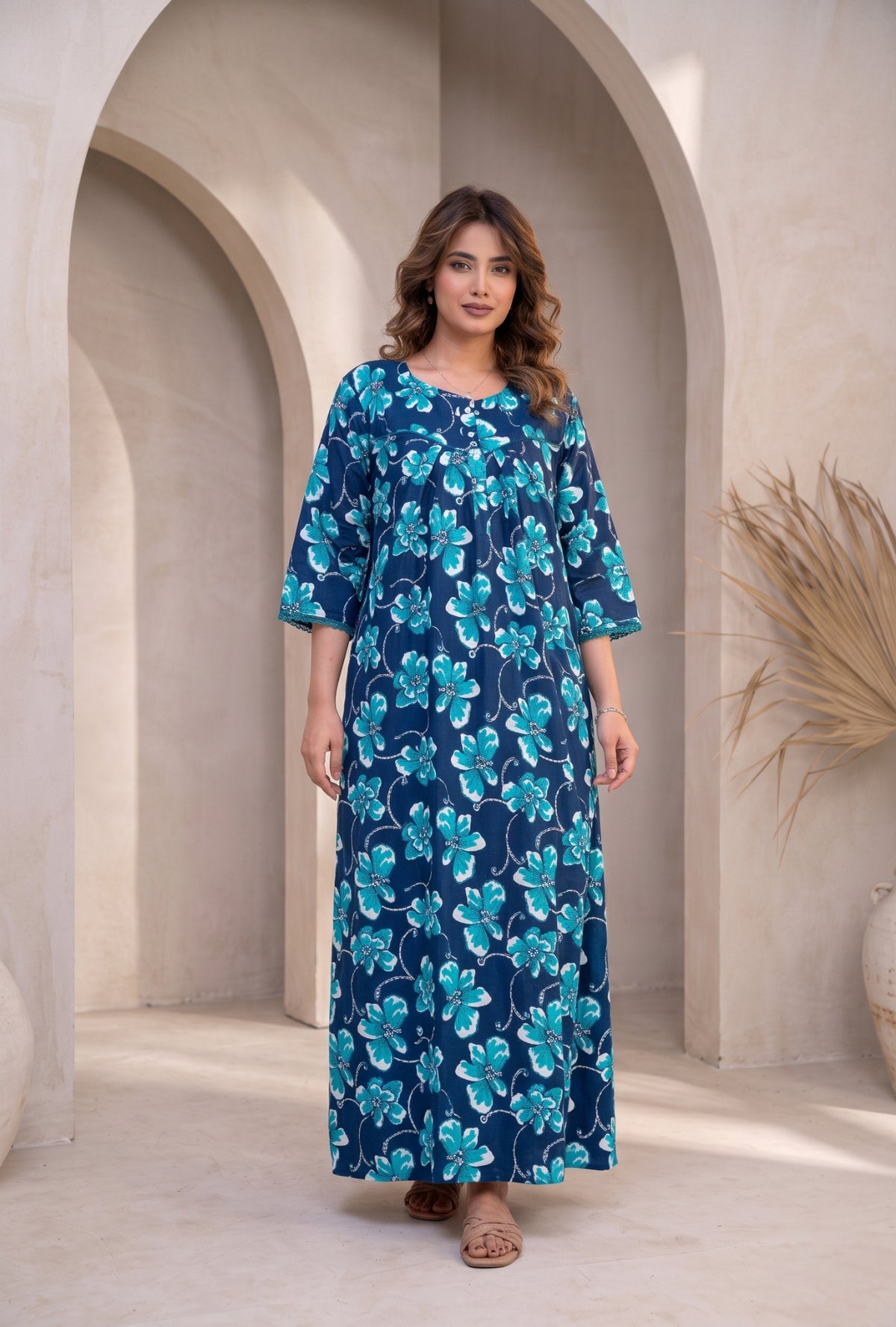 Ocean Bloom Blue Floral Cotton Night Gown