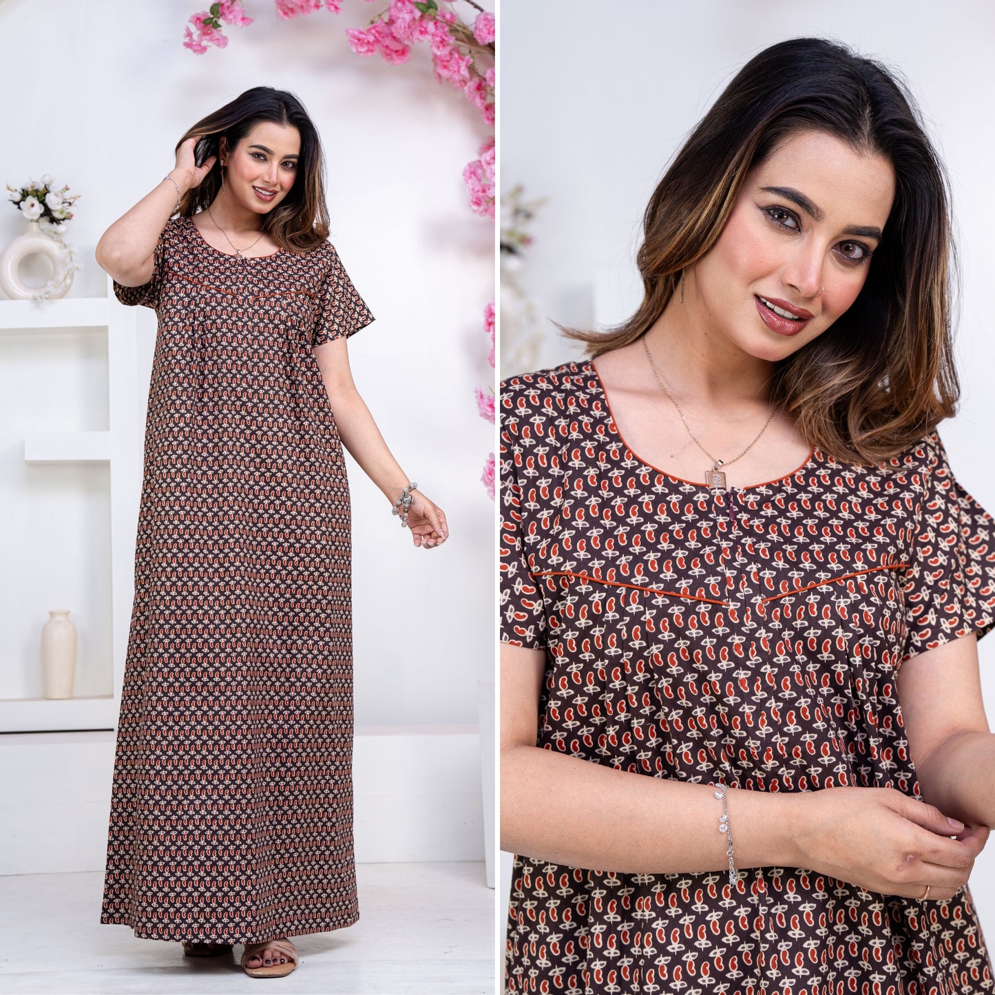 Mango Buti Coffee Cotton Printed Nightwear Gowns