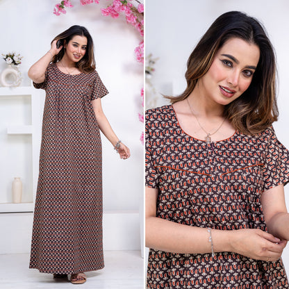Mango Buti Coffee Cotton Printed Nightwear Gowns