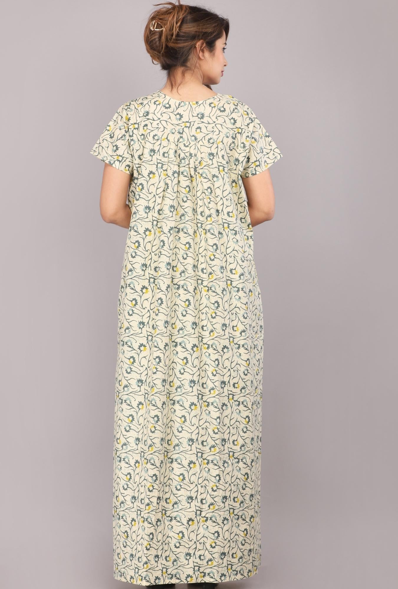 Two Tone Flower Grey Cotton Printed Nightwear Gowns