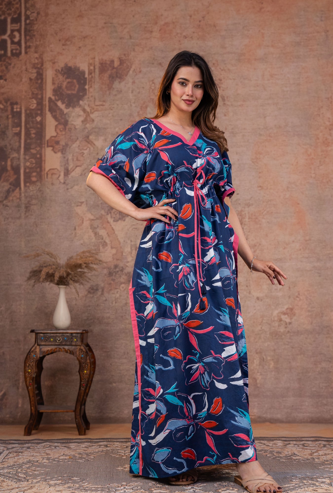 Gulnaar Floral Blue Loungewear Cotton Kaftan