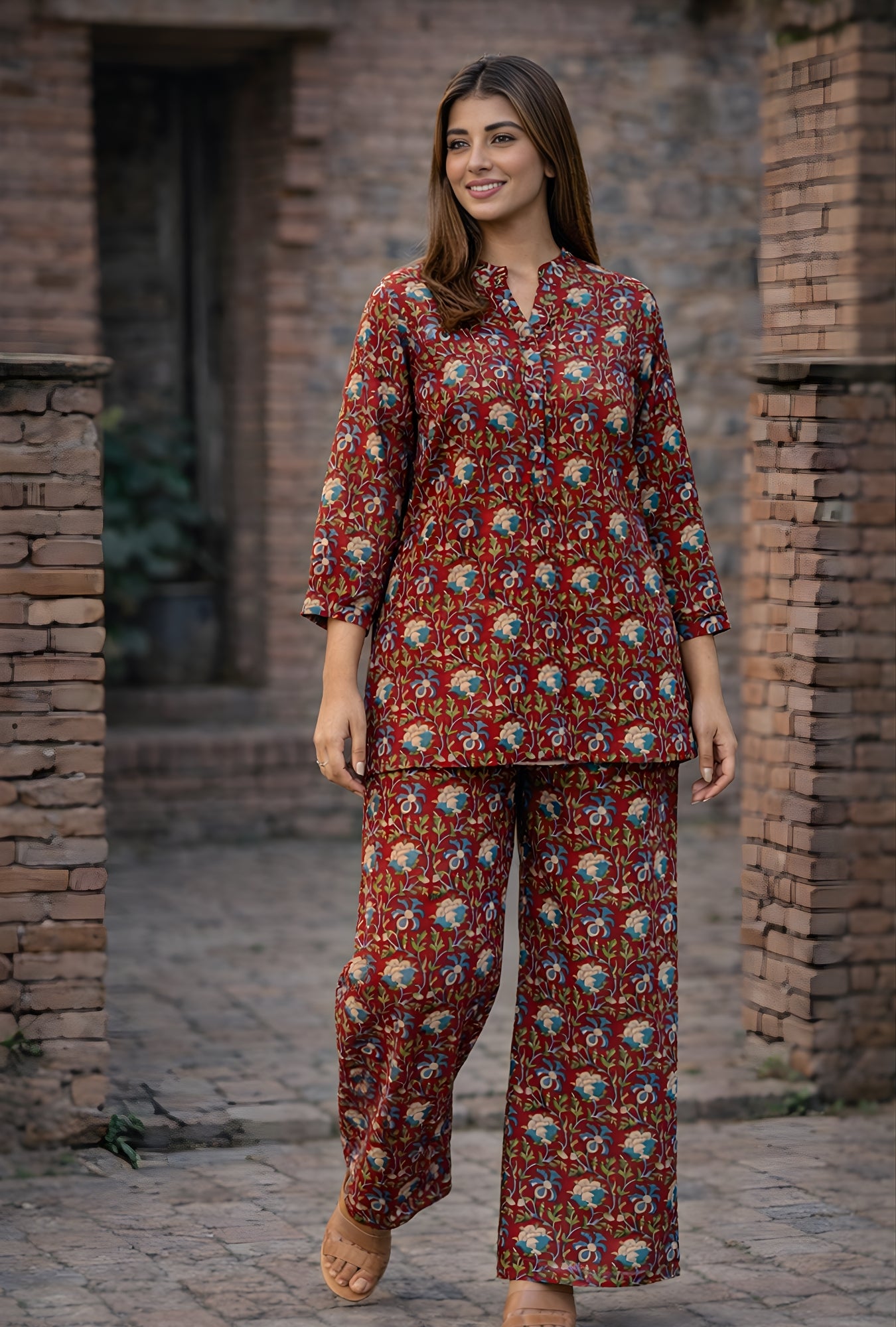 Kalamkari Maroon Cotton Loungewear Co-ords Set