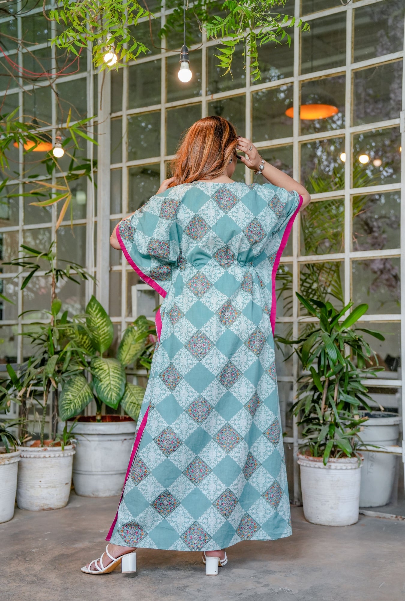 Pastel Bloom Sea Green Cotton Loungewear Kaftan