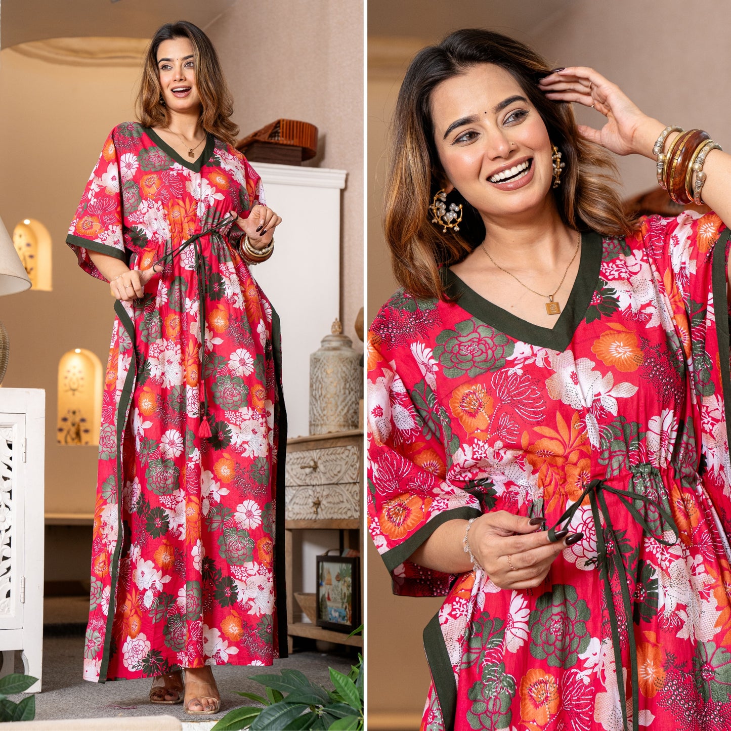 Mega Petals Rani Pink Loungewear Cotton Kaftan