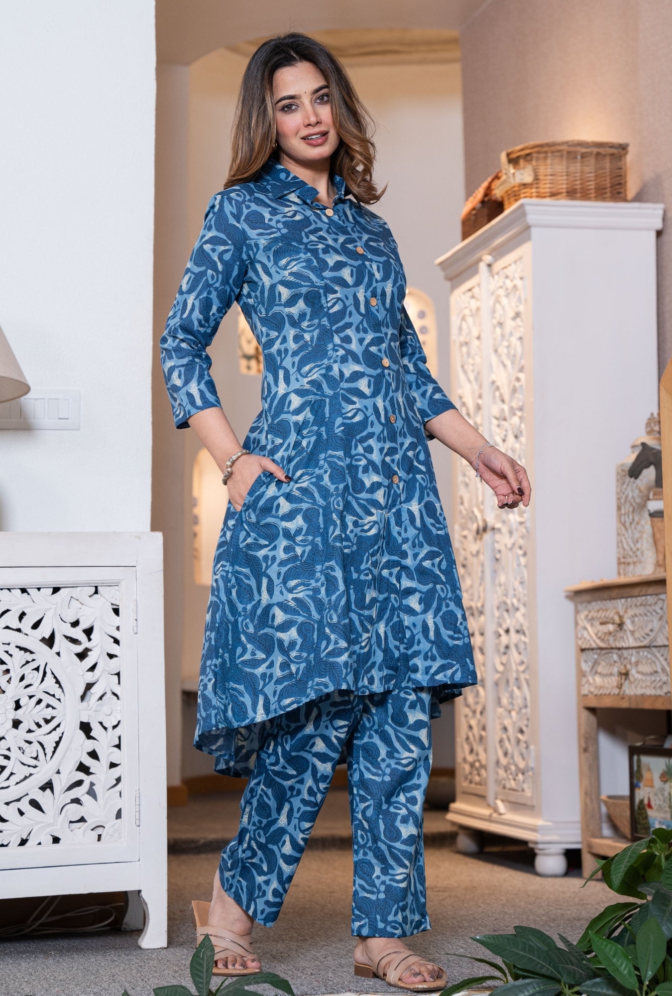 Rustic Petals Blue Printed Cotton Co-ords Set