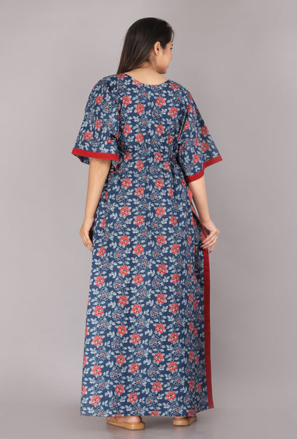 Ice Flower Navy Blue Cotton Loungewear Kaftan