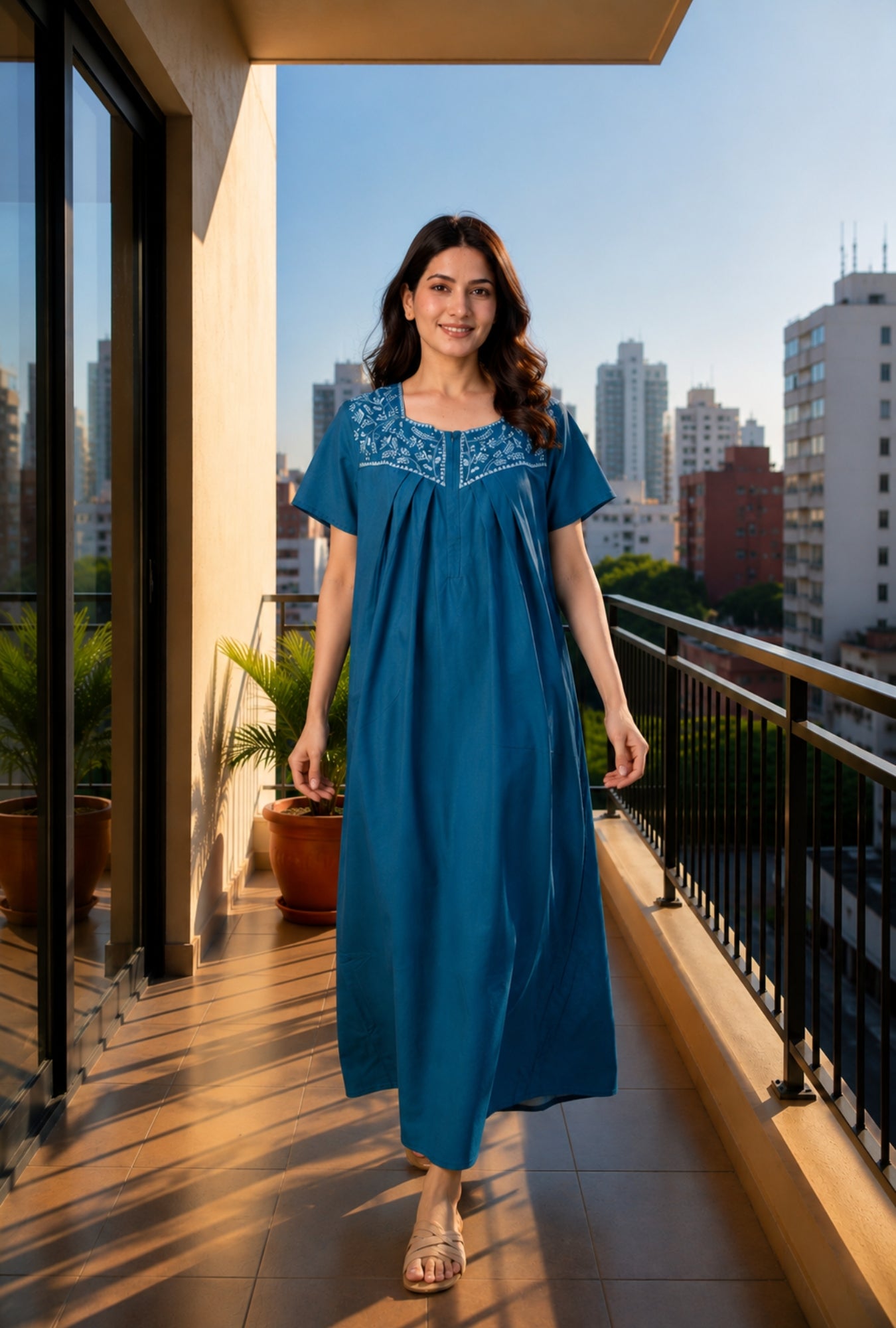 Crimson Bloom Teal Embroidery Yoke Cotton Night Gown