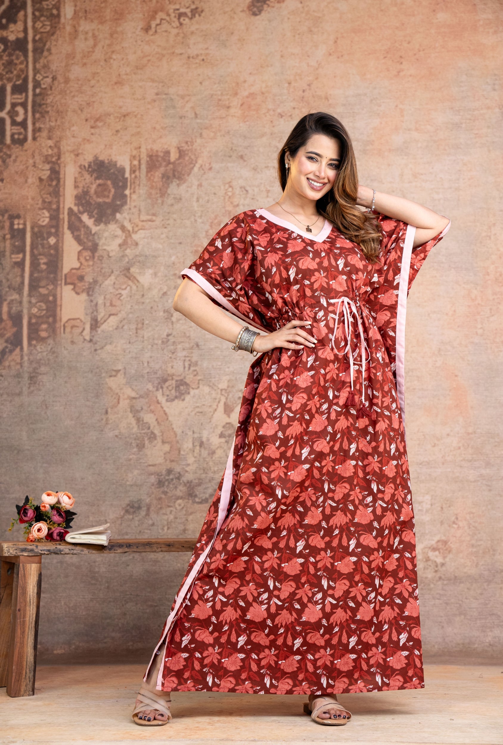 Lotus Leaves Maroon Loungewear Cotton Kaftan