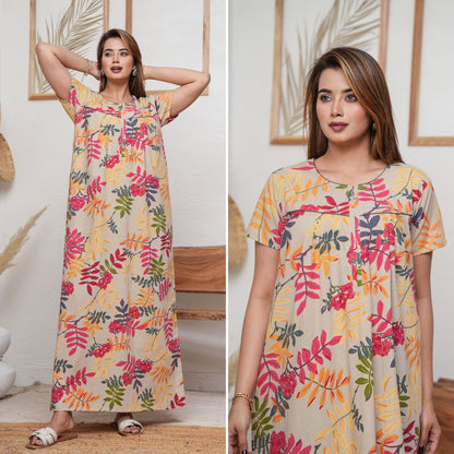 Neem Leaves Beige Cotton Printed Nightwear Gowns