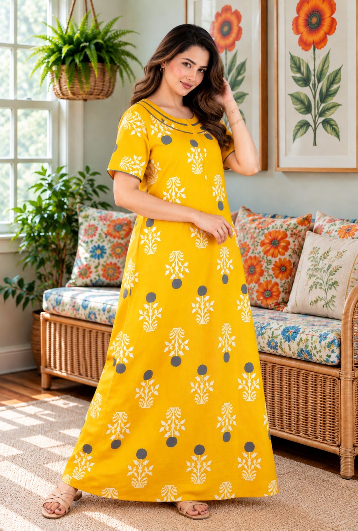 Imperial Bloom Yellow Printed Cotton Night Gown