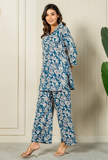 Floral Sonata Teal Cotton Loungewear Co-ords Set