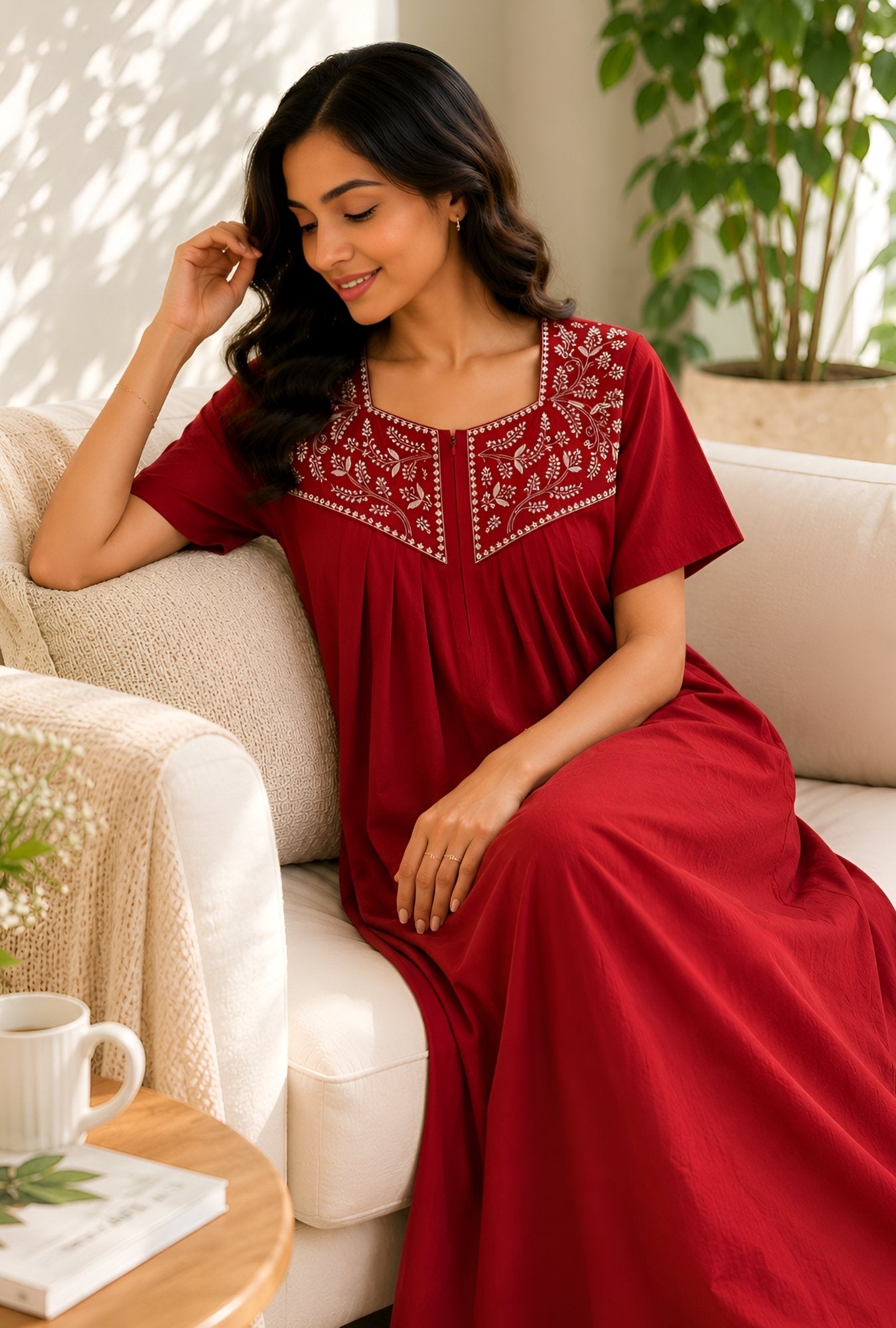 embroidered night dress Women's Short Sleeved Rose Cotton Nightdress