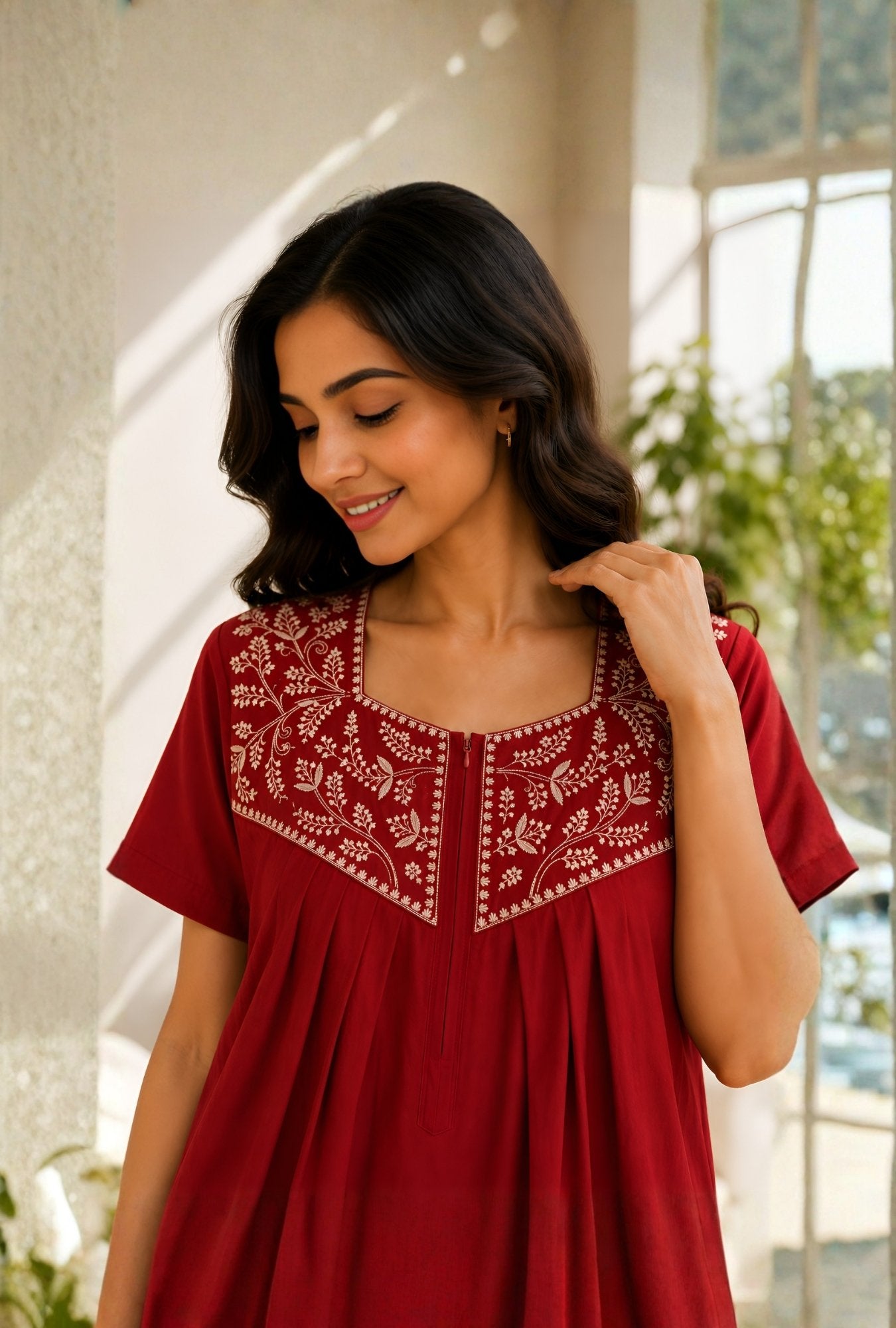 Crimson Bloom Maroon Embroidery Yoke Cotton Night Gown