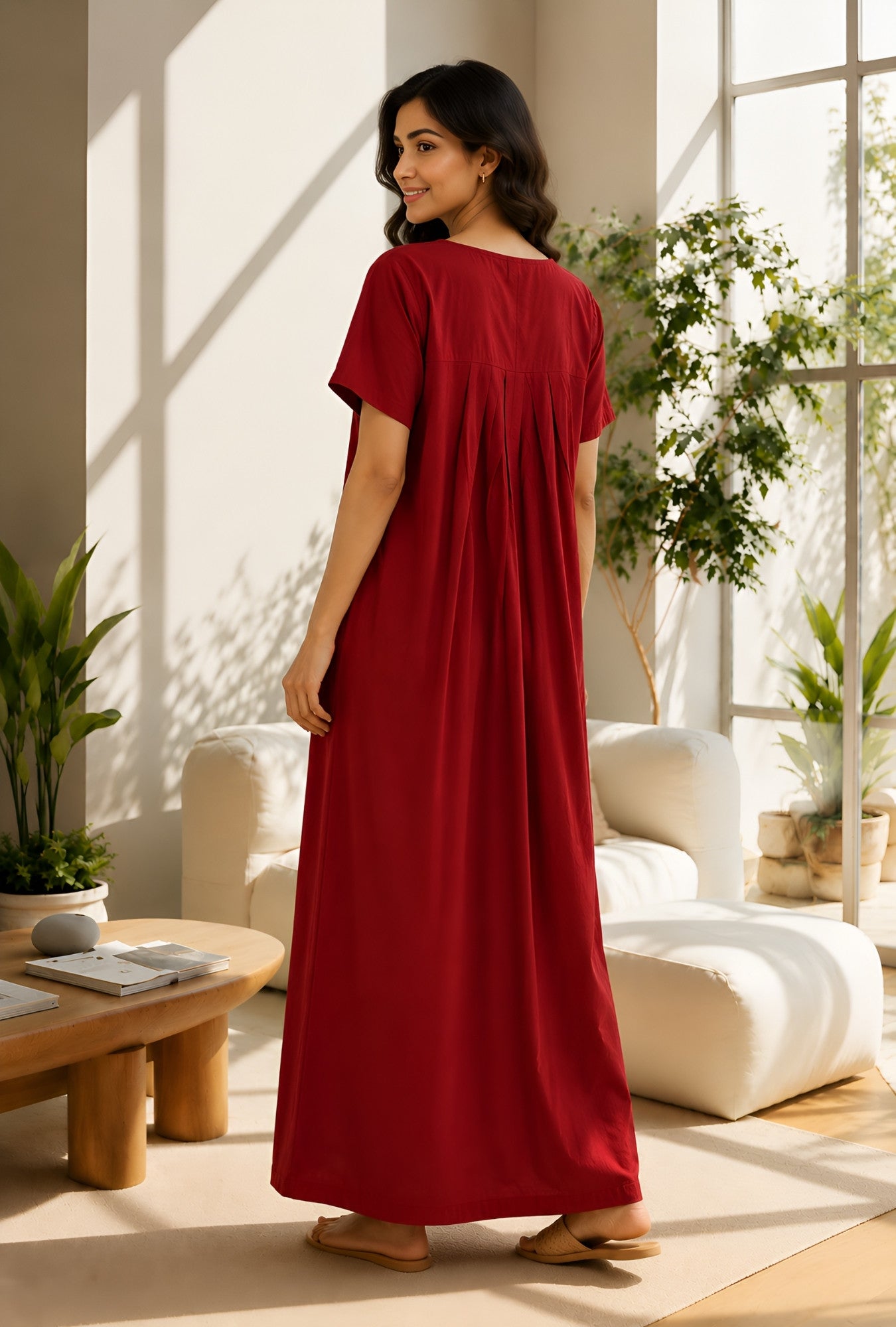 Crimson Bloom Maroon Embroidery Yoke Cotton Night Gown