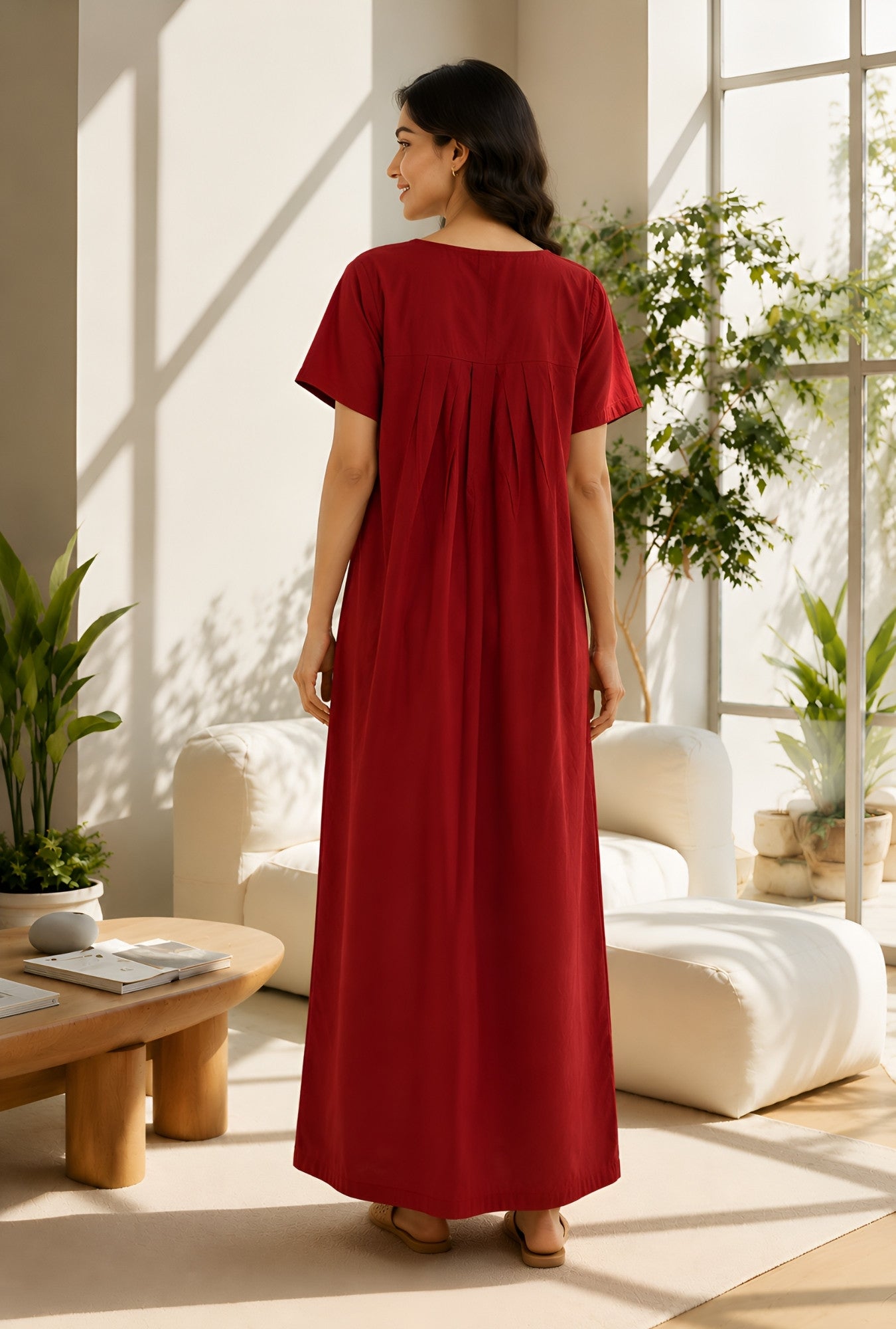 Crimson Bloom Maroon Embroidery Yoke Cotton Night Gown